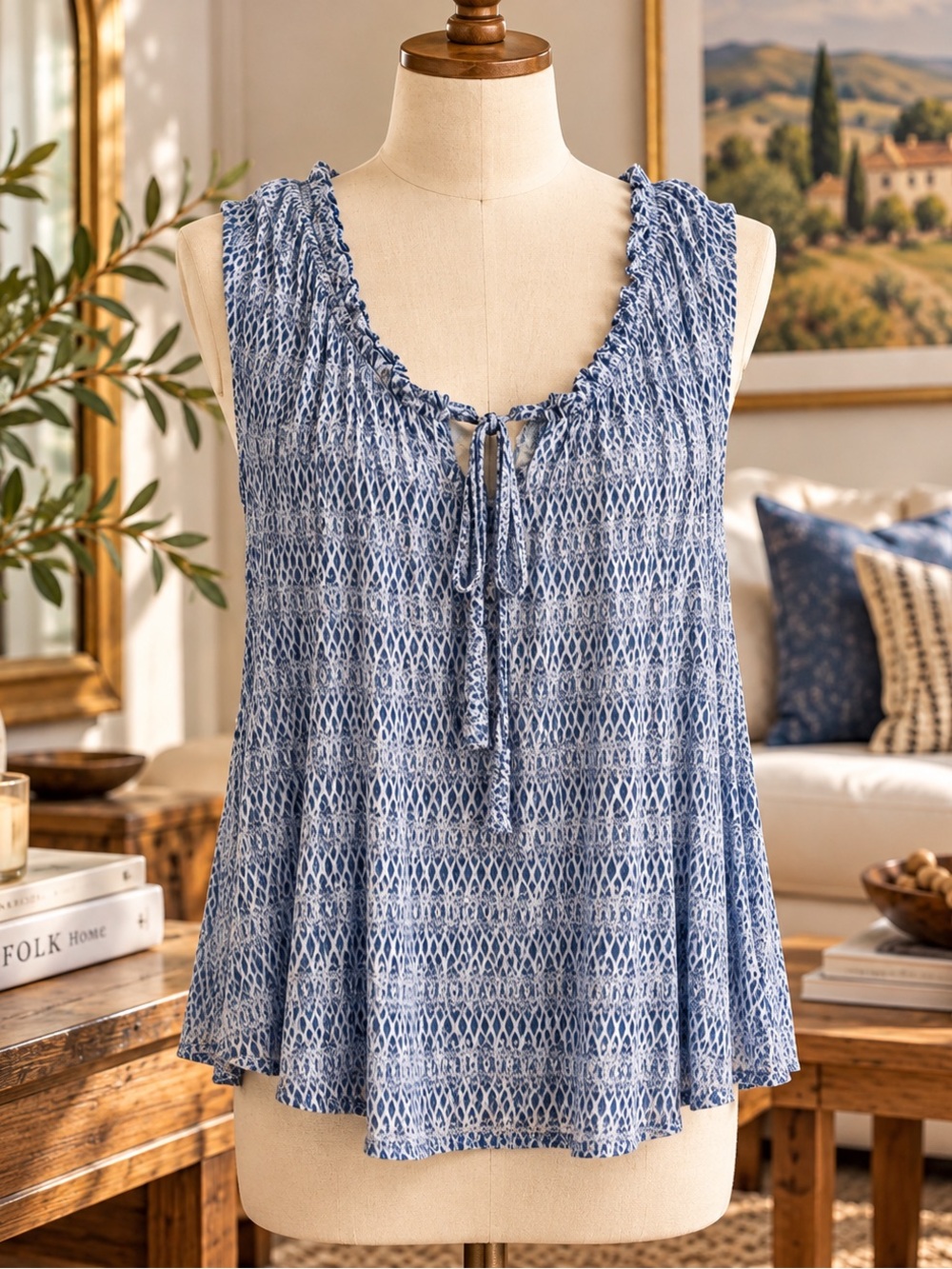 Lila Rose Blue Printed Ruffle Tie-Front Tank Top